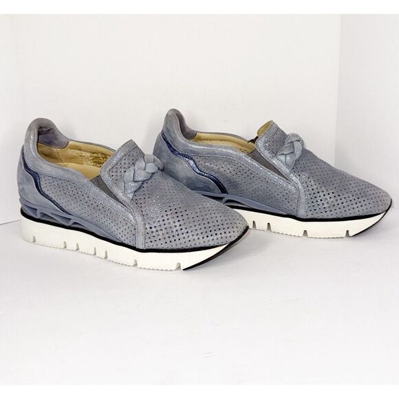 Softwaves Suede Platform Sneaker Loafer Dusty Blue Metallic Perforated 37/6.5 - Picture 2 of 16
